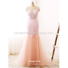 Beautiful Lace Appliqued Floor Length Mermaid Tulle Formal Prom Dress for Party